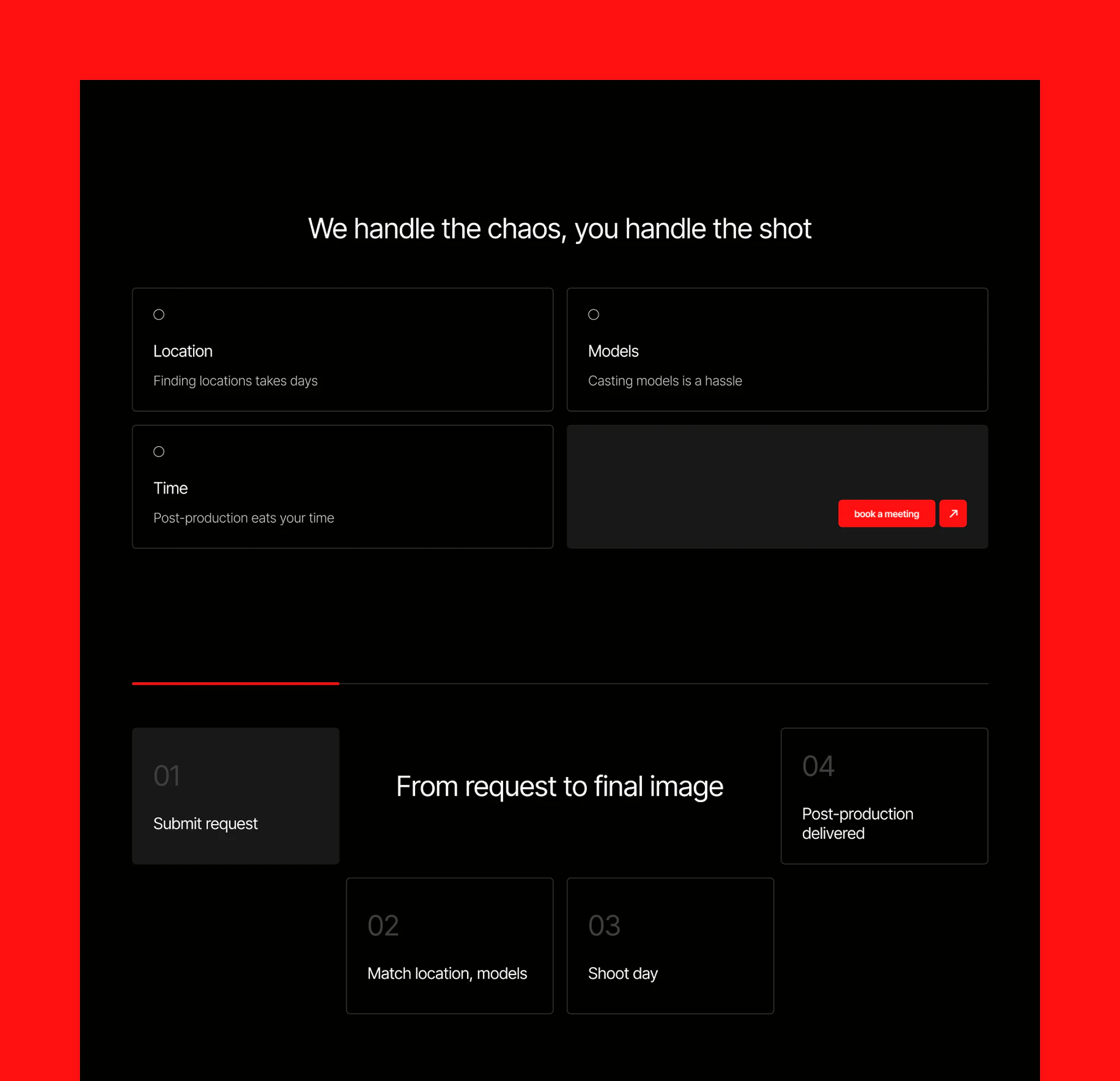 Lume Studio — “We handle the chaos, you handle the shot” section